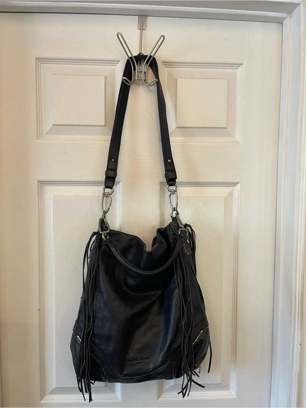 Liebeskind Black Leather Fringe Large Hobo with Silver Hardware